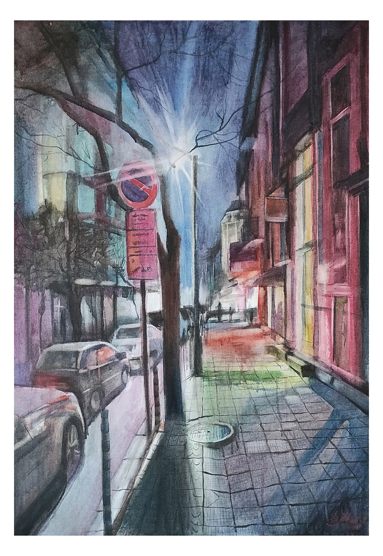 The tale between the colored lights of a night Sofia street